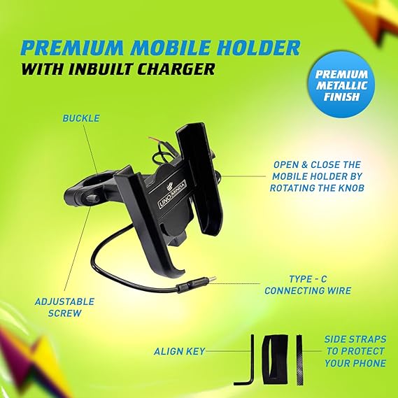 Uno Minda Mobile Holder With Charger/Type-C Connector (12V/24V)/Fast Charging (5V,3A)/360° Rotation/Compact Cable/Metallic Finish/Vibration-Proof & Easy Installation/Fitted On Bike Handle Bar(MHC-001)
