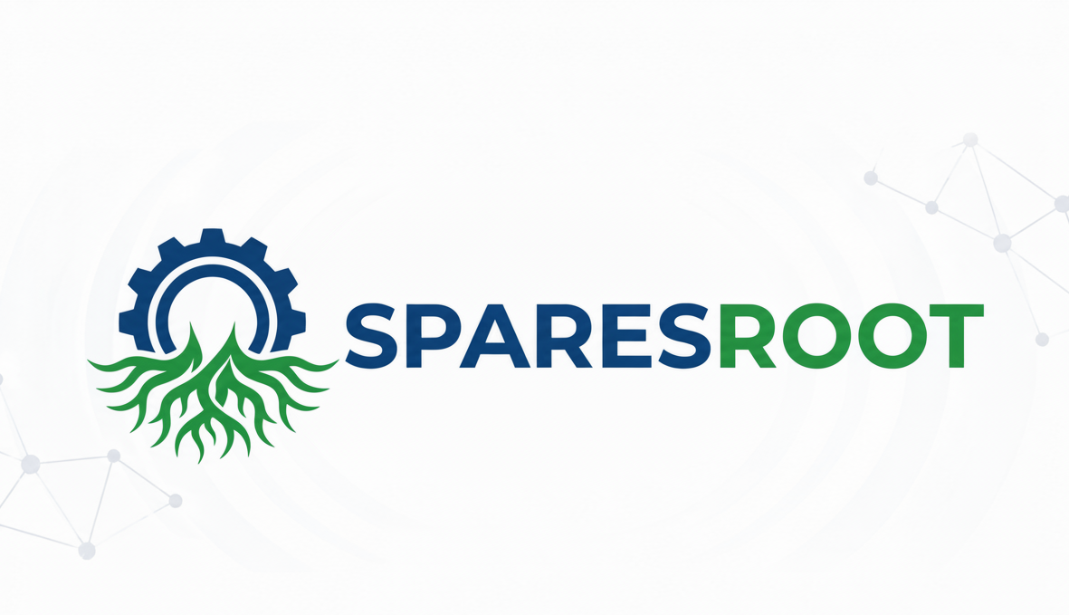 Digital logo for SPARESROOT featuring a blue gear with green roots and the text 'SPARESROOT Your Digital Source for Spare Parts' on a white background with faint network graphics.