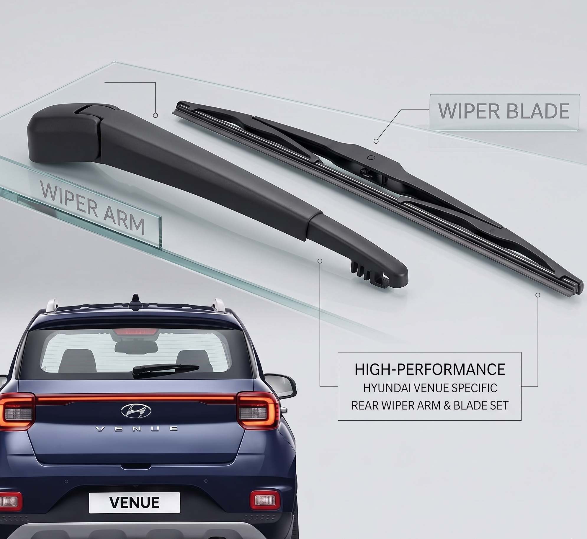 High-performance Hyundai Venue specific rear wiper arm and blade set on a white background