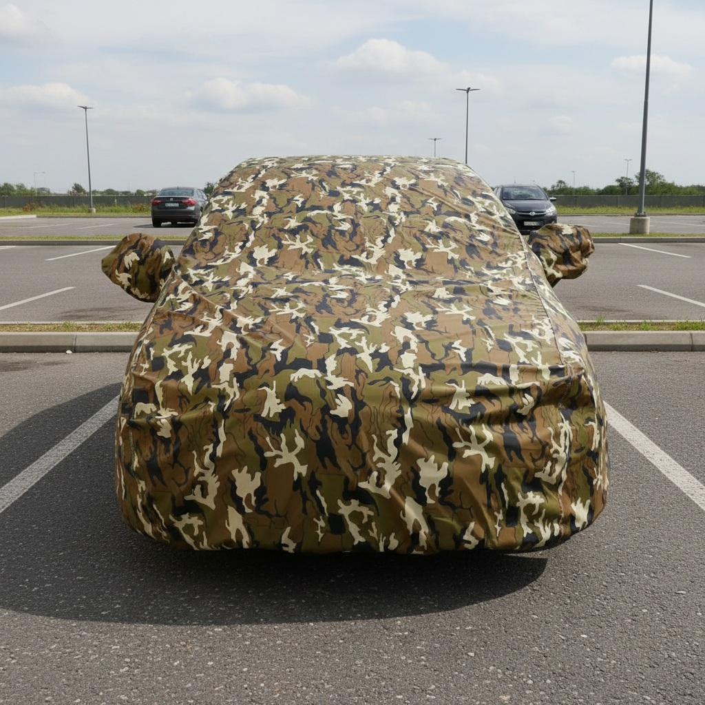 Military Camo Car Cover With Mirror Pockets, Triple Stitched, Bottom Fully Elastic, Adjustable Belt and Buckle. – Waterproof Outdoor Vehicle Cover ( Size - A-1 )