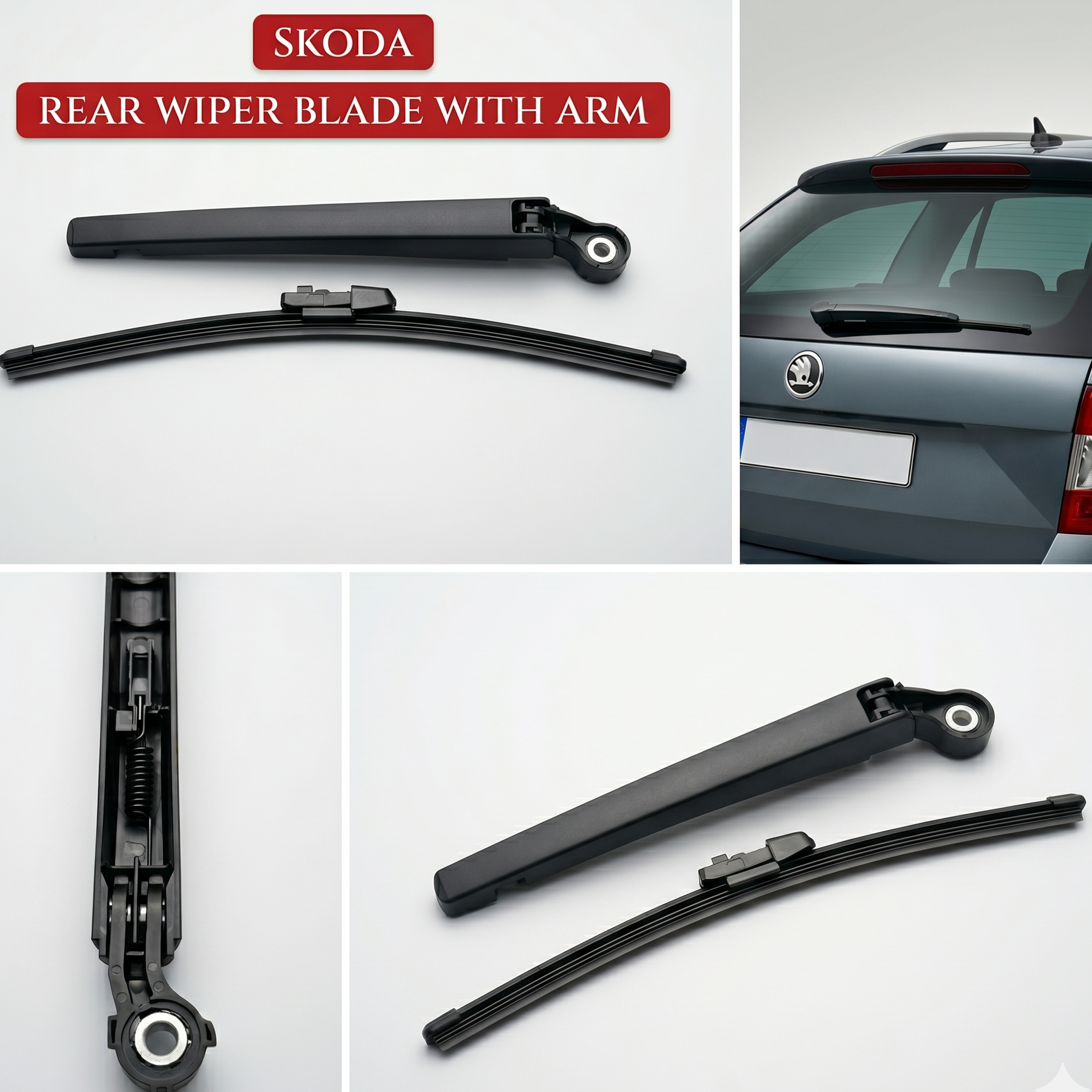 Skoda rear wiper blade with arm on a white background