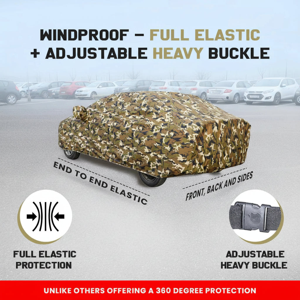 Military Camo Car Cover With Mirror Pockets, Triple Stitched, Bottom Fully Elastic, Adjustable Belt and Buckle. – Waterproof Outdoor Vehicle Cover ( Size - A-1 )