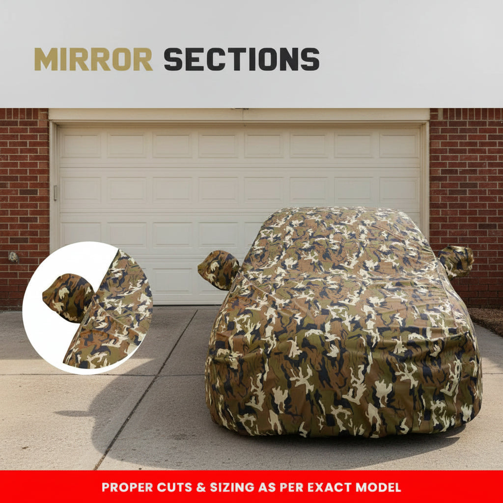 Military Camo Car Cover With Mirror Pockets, Triple Stitched, Bottom Fully Elastic, Adjustable Belt and Buckle. – Waterproof Outdoor Vehicle Cover ( Size - A-1 )