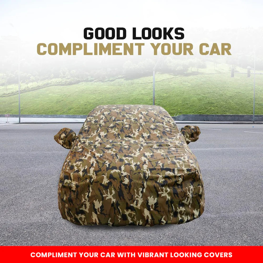 Military Camo Car Cover With Mirror Pockets, Triple Stitched, Bottom Fully Elastic, Adjustable Belt and Buckle. – Waterproof Outdoor Vehicle Cover ( Size - A-1 )